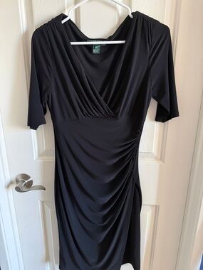 Ralph Lauren Black Midi Wrap-Style Jersey Dress with Side Ruching